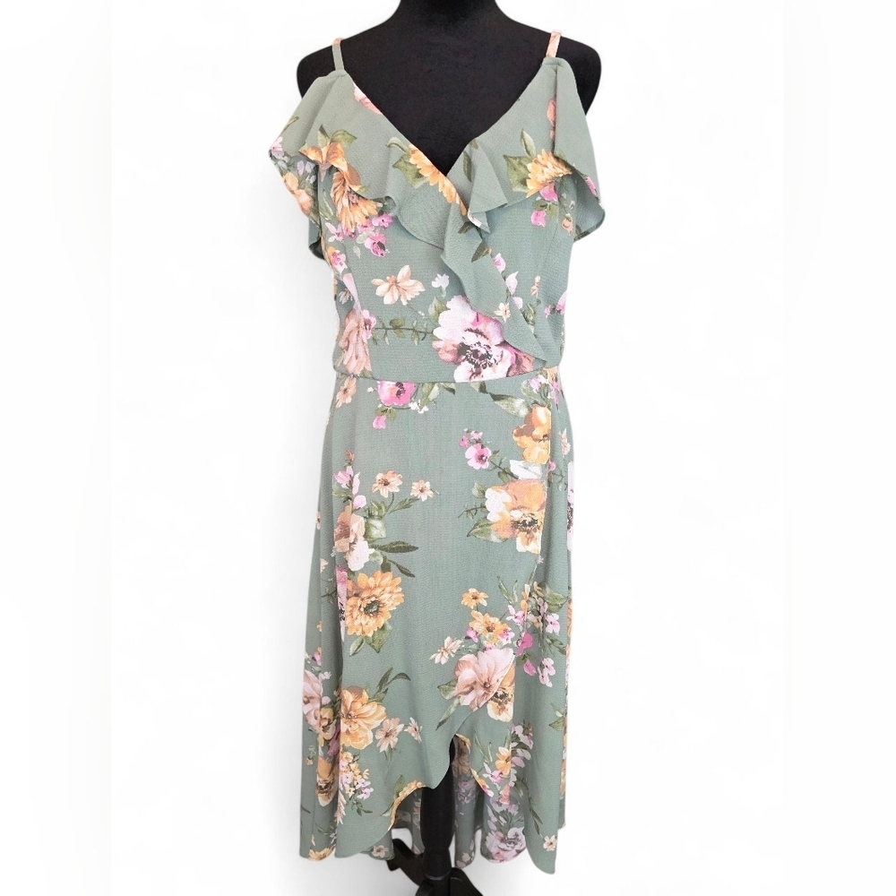 By & By XL Green Floral Ruffle Midi Hi-Lo Dress Spaghetti Strap Summer Sundress